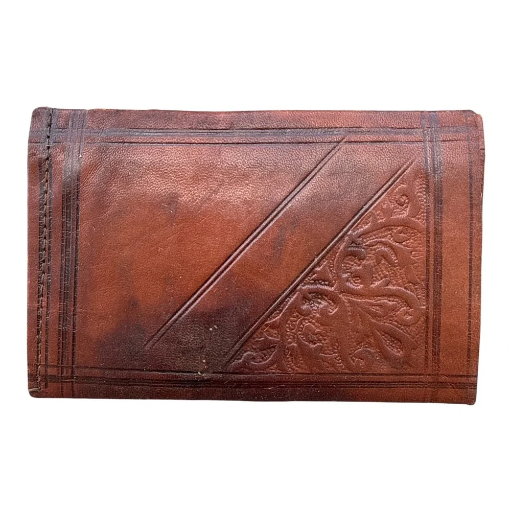 Vintage Tooled Leather Bifold Wallet Brown Boho Western Artisan Handmade